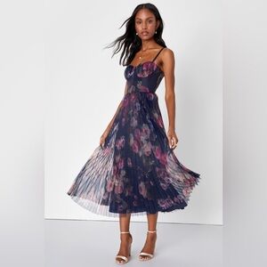 Alluring Invite Midnight Blue Floral Pleated Bustier Midi Dress